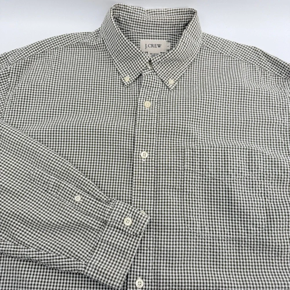 J.Crew Button Down Long Sleeve Shirt Men Large Olive Green Gingham Check Cotton